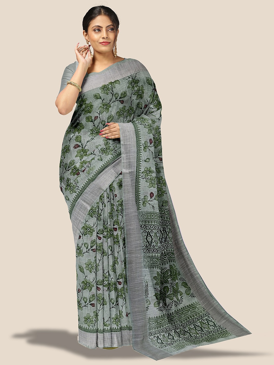 

The Chennai Silks Floral Printed Zari Pure Cotton Saree, Grey