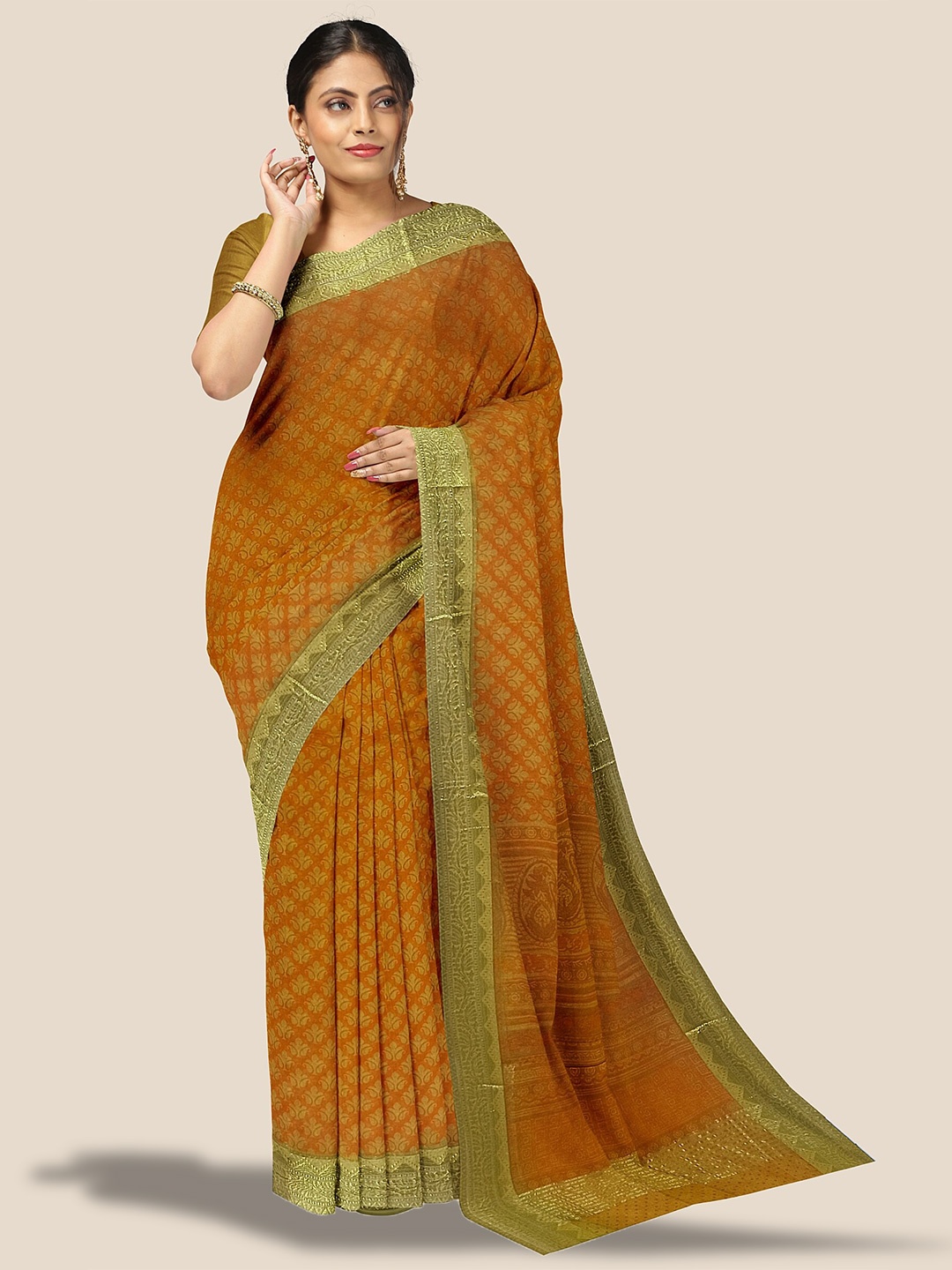 

The Chennai Silks Paisley Design Printed Zari Supernet Kota Saree, Brown