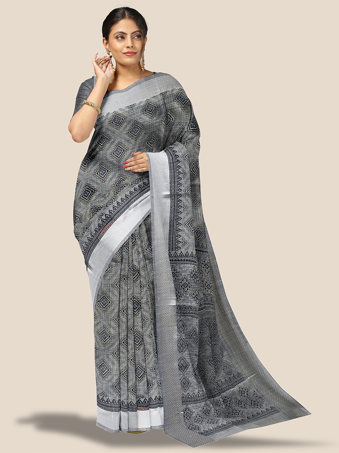 

The Chennai Silks Ethnic Motif Printed Zari Pure Cotton Saree, Grey