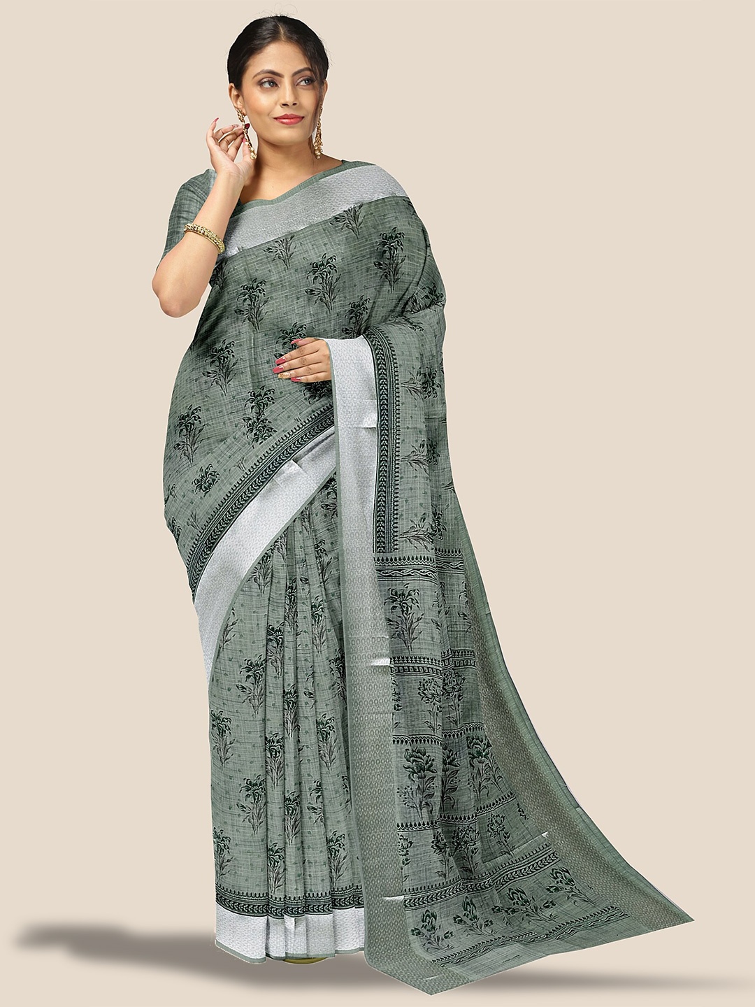 

The Chennai Silks Ethnic Floral Zari Pure Cotton Saree, Green