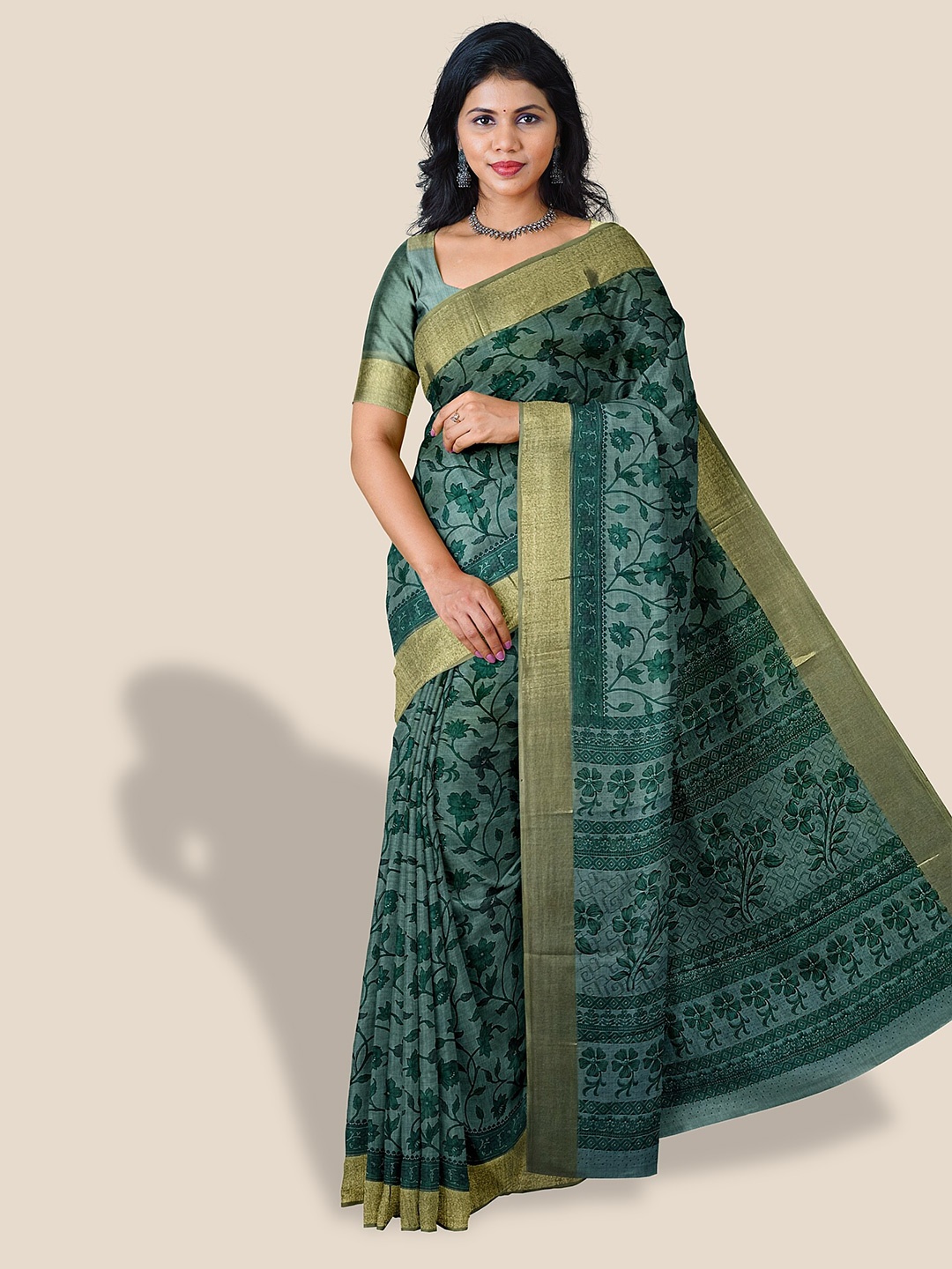 

The Chennai Silks Floral Printed Zari Pure Cotton Saree, Green