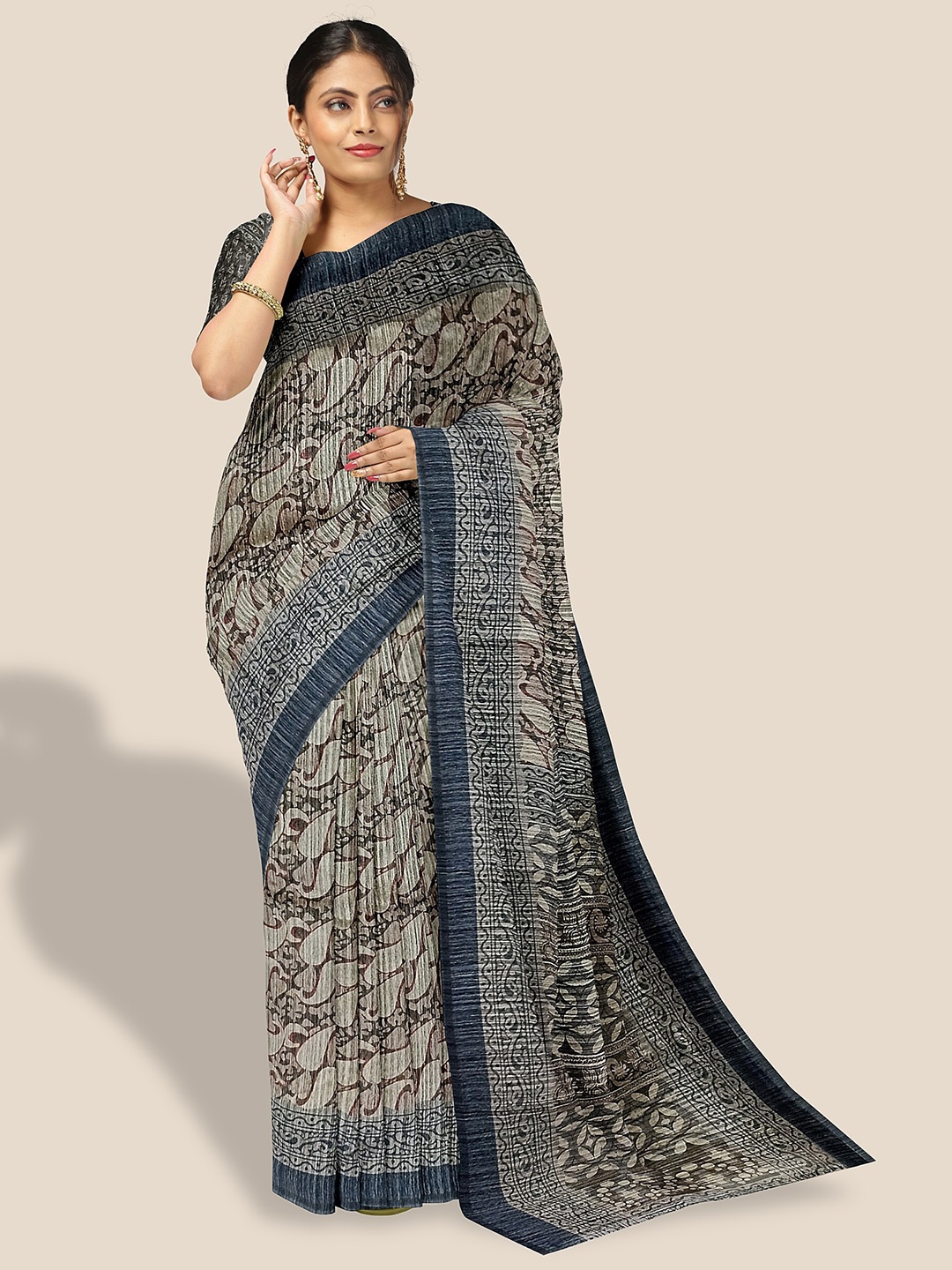 

The Chennai Silks Paisley Printed Bhagalpuri Saree, Grey