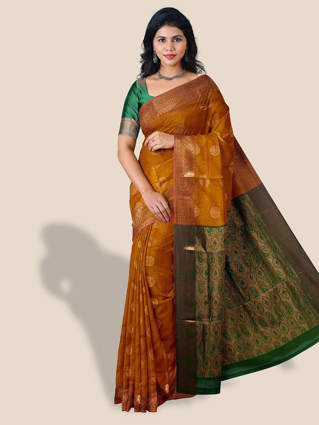 

The Chennai Silks Ethnic Motif Woven Design Zari Silk Cotton Maheshwari Saree, Orange