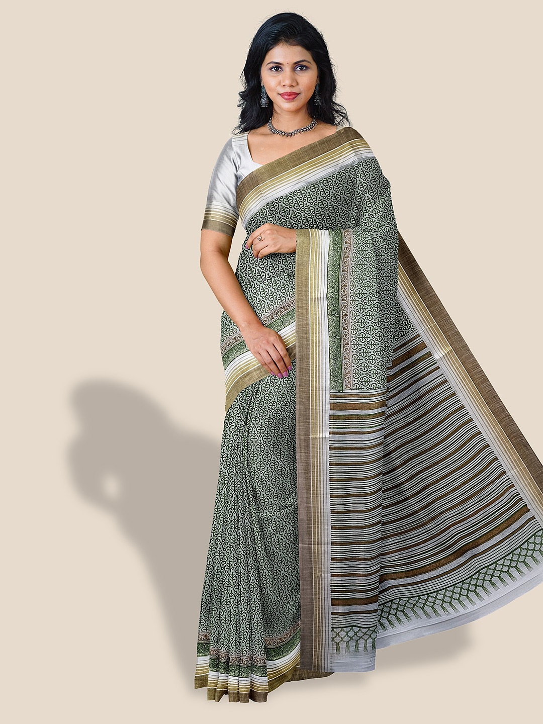 

The Chennai Silks Floral Printed Zari Pure Cotton Saree, Green