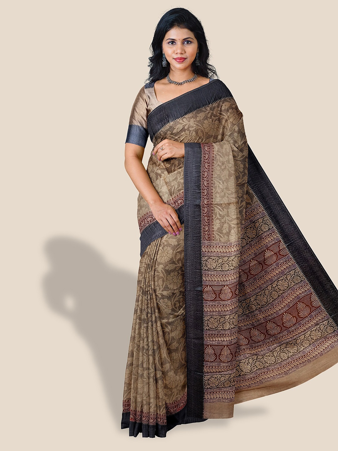

The Chennai Silks Floral Printed Pure Cotton Saree, Brown
