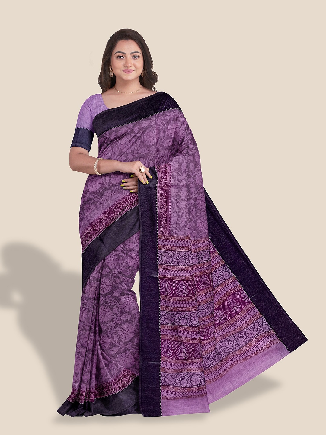 

The Chennai Silks Floral Printed Pure Cotton Saree, Lavender