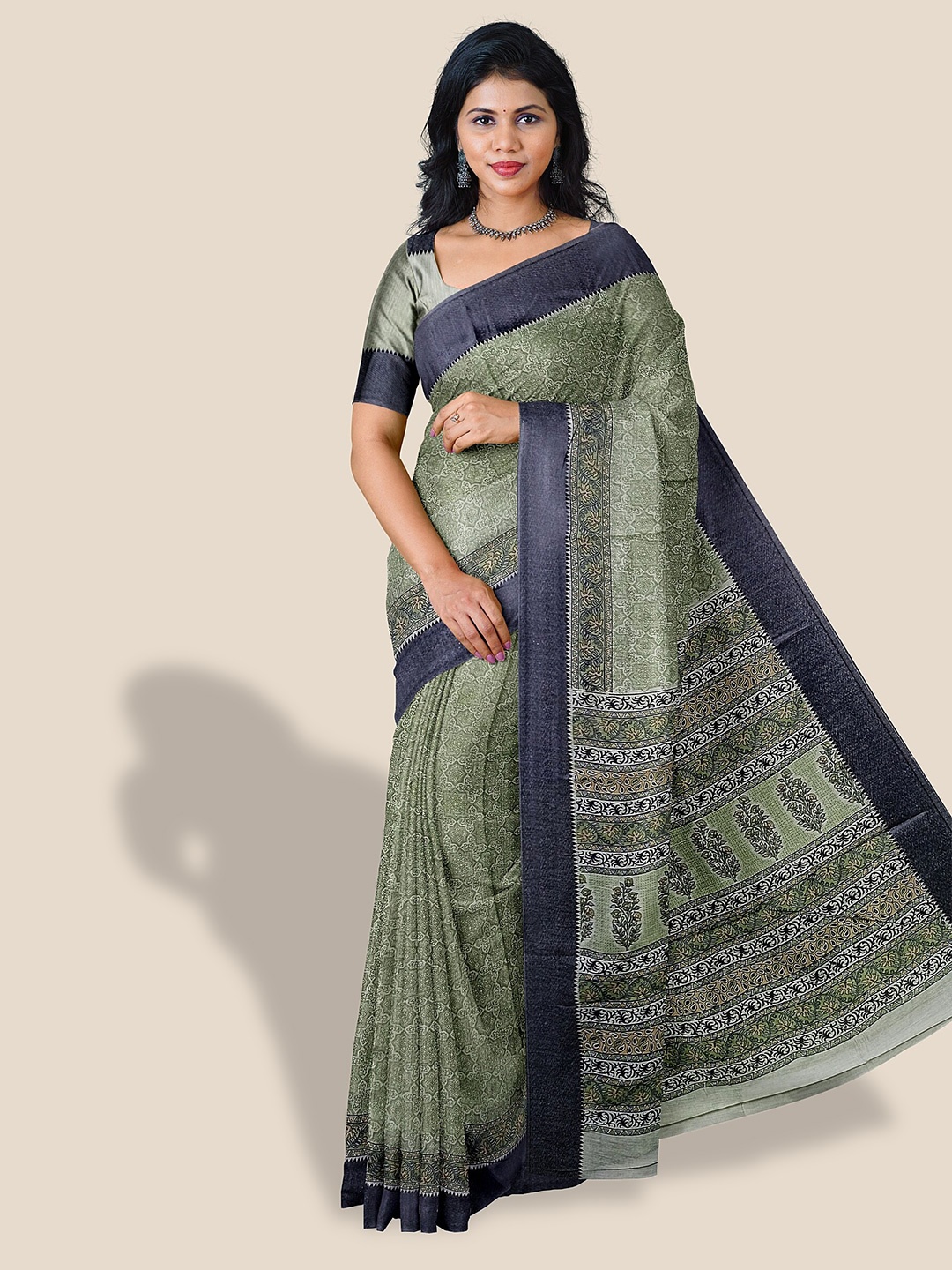 

The Chennai Silks Floral Printed Pure Cotton Saree, Green