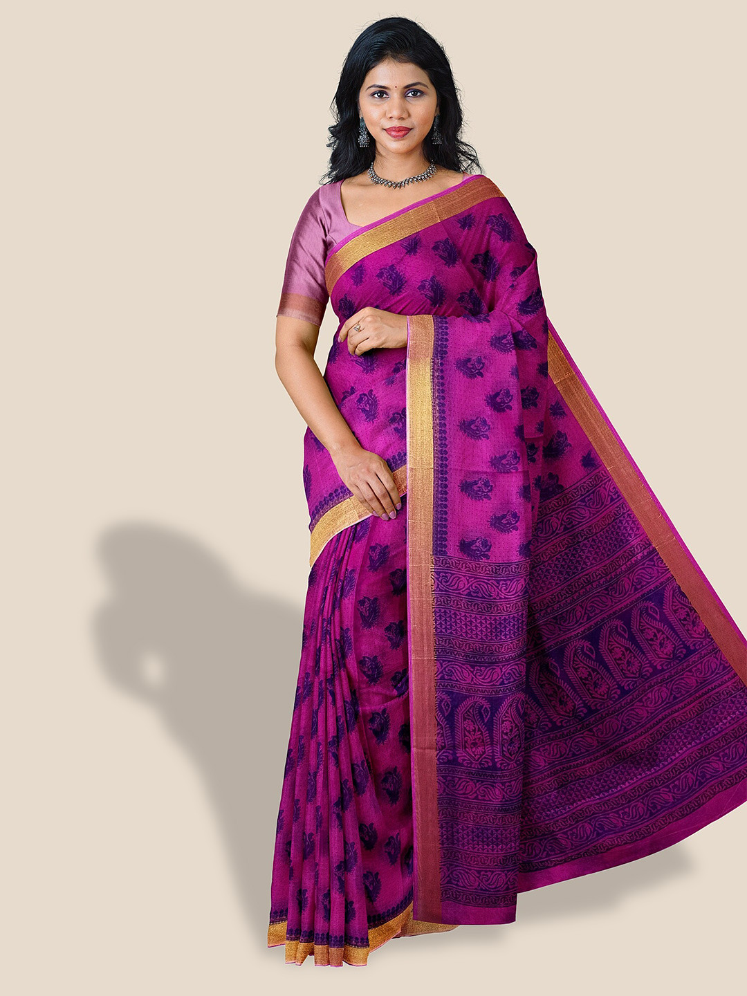 

The Chennai Silks Ethnic Motif Printed Zari Pure Cotton Saree, Pink