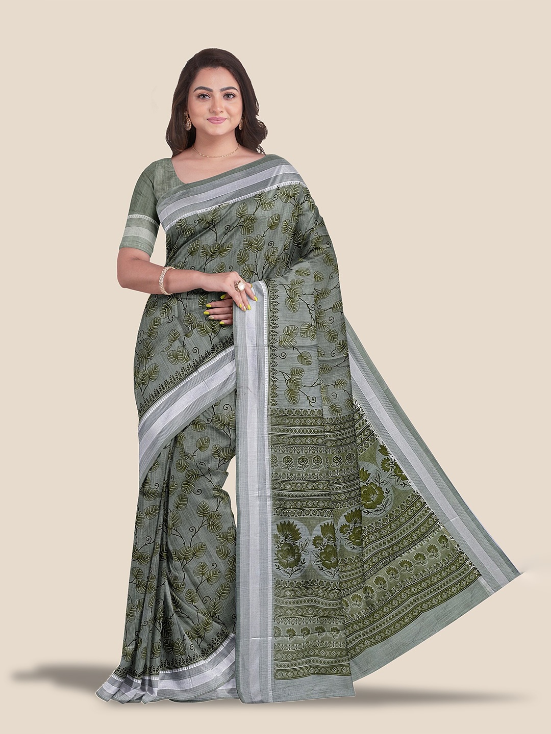 

The Chennai Silks Floral Pure Cotton Saree, Green