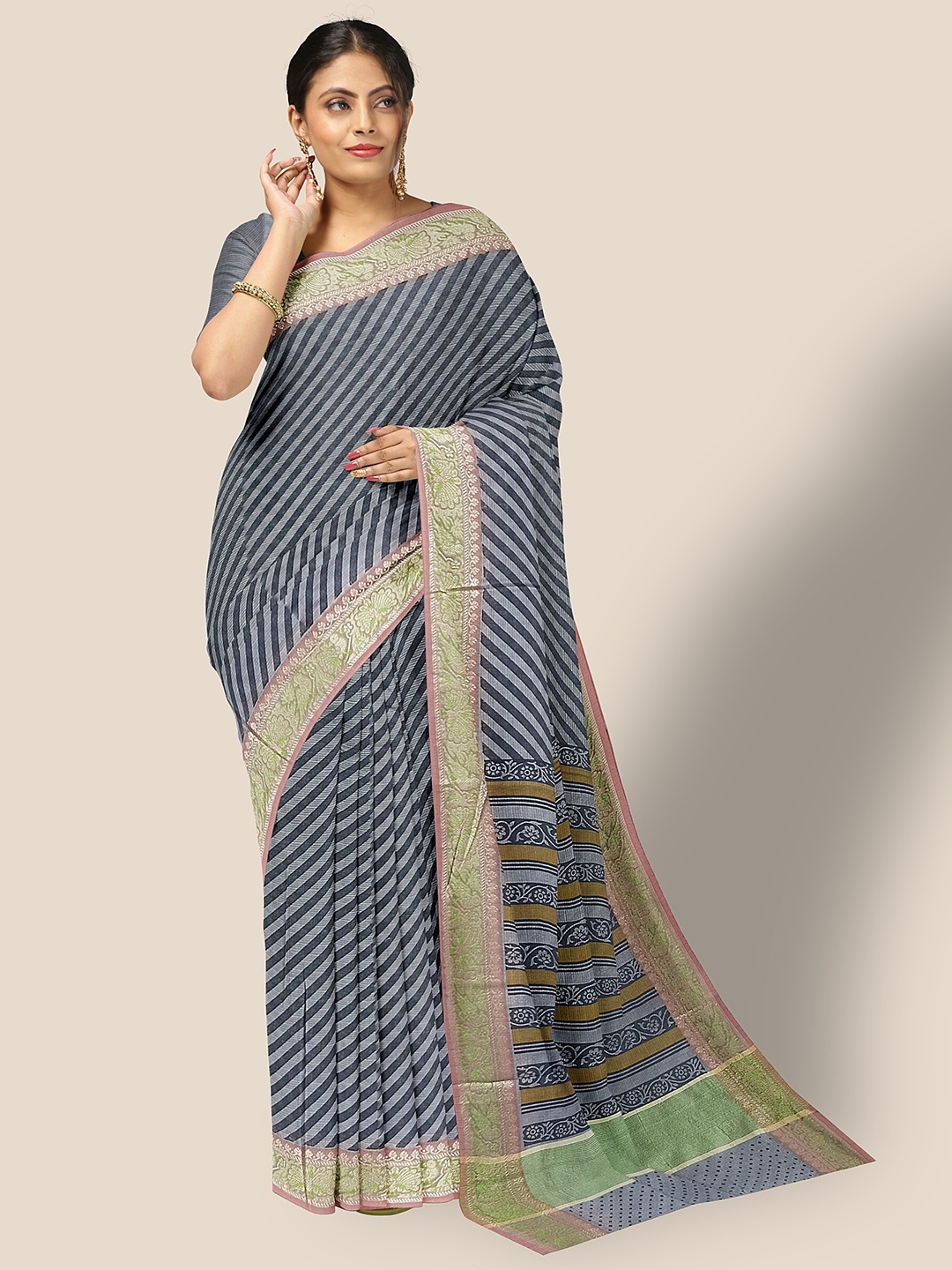 

The Chennai Silks Striped Pure Cotton Chanderi Saree, Grey
