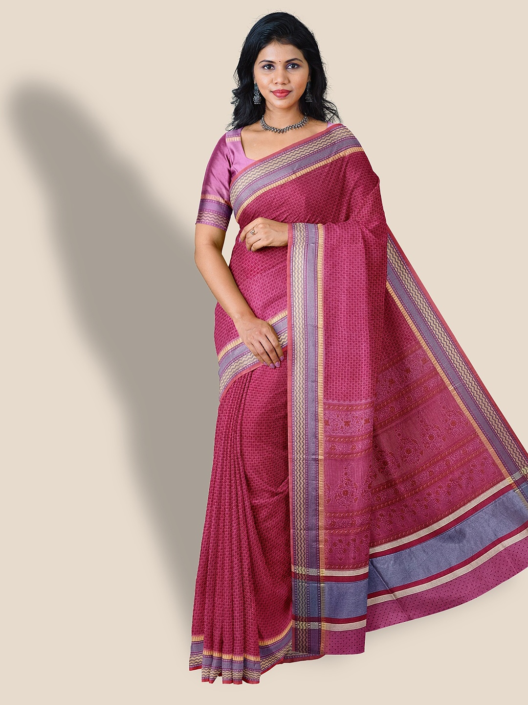 

The Chennai Silks Ethnic Motifs Printed Zari Supernet Kota Saree, Pink