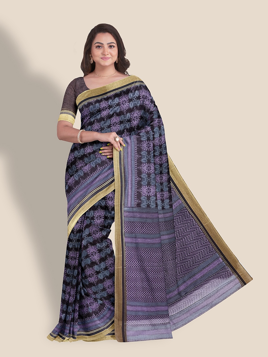 

The Chennai Silks Ethnic Motif Printed Zari Pure Cotton Saree, Navy blue