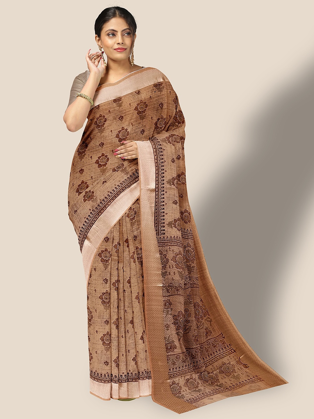 

The Chennai Silks Floral Printed Zari Pure Cotton Saree, Brown