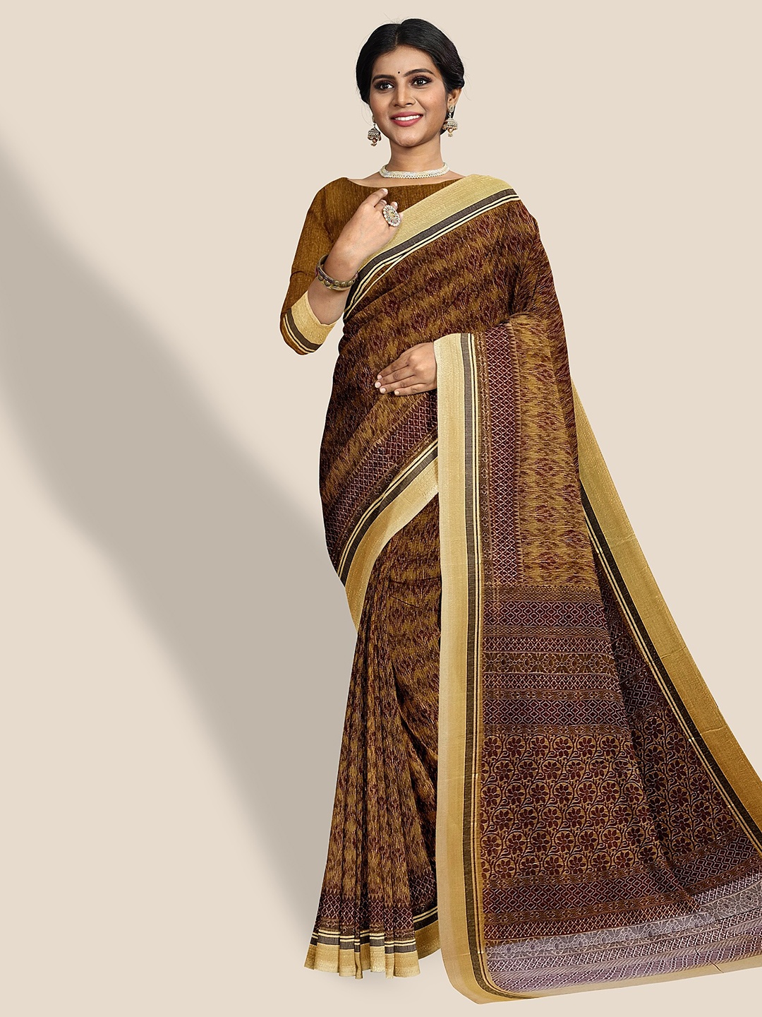 

The Chennai Silks Floral Printed Zari Pure Cotton Saree, Brown