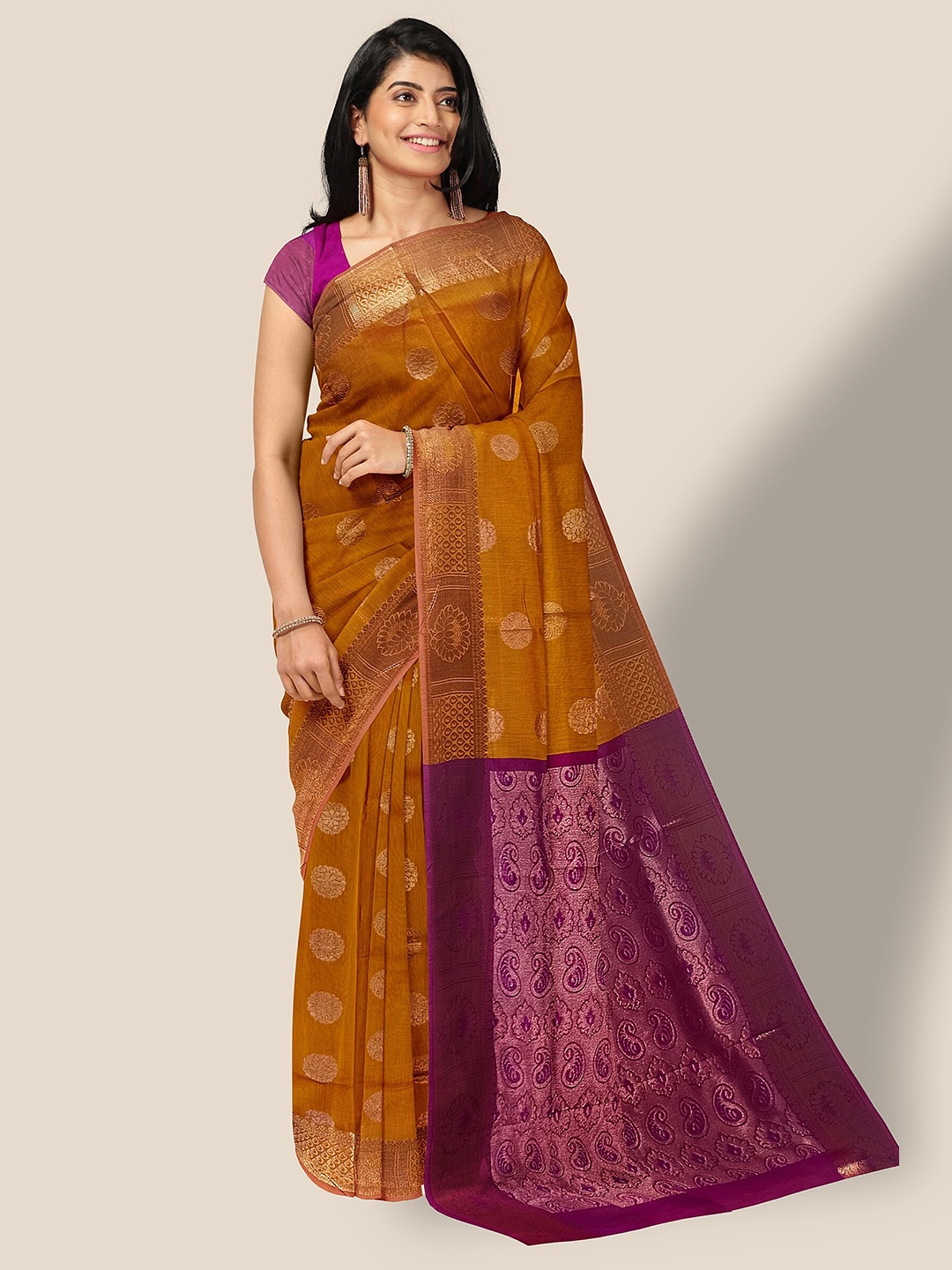

The Chennai Silks Ethnic Motif Woven Design Zari Silk Cotton Maheshwari Saree, Coral