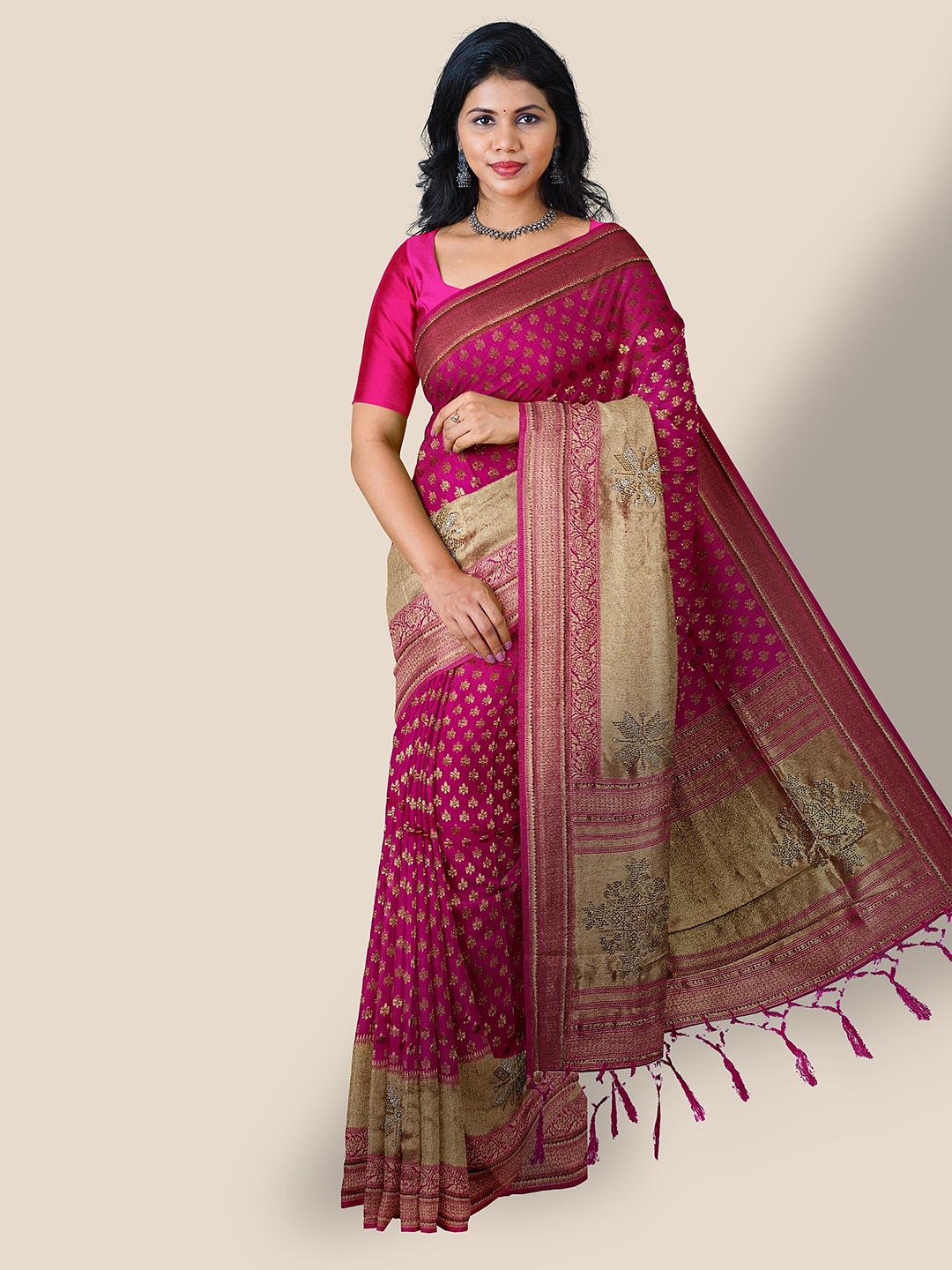 

The Chennai Silks Ethnic Motifs Printed Beads and Stones Saree, Pink