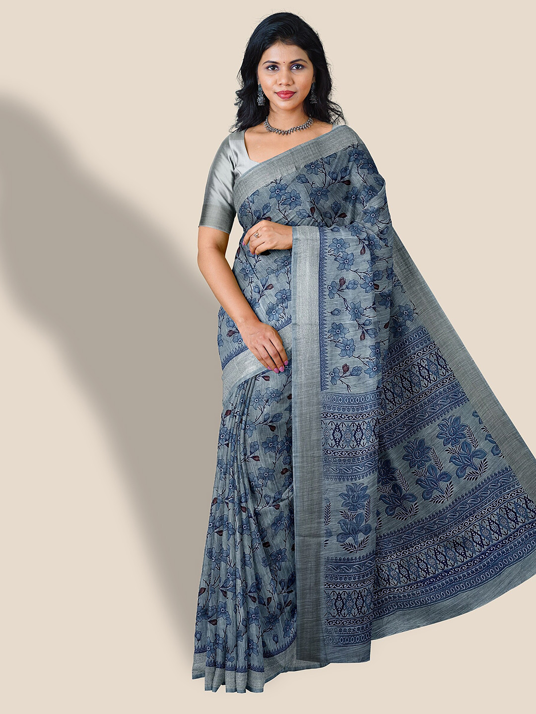 

The Chennai Silks Floral Printed Zari Pure Cotton Saree, Blue