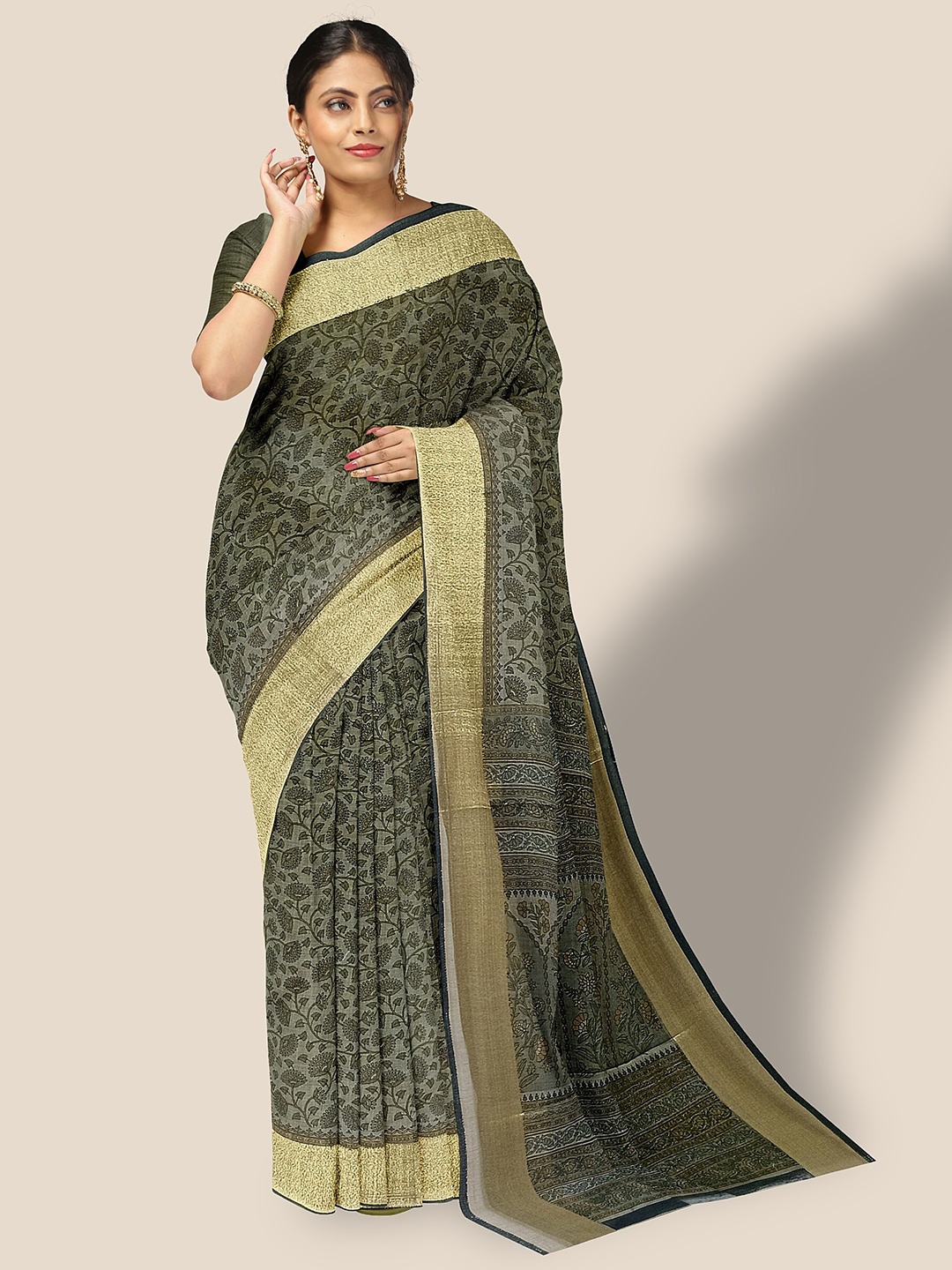 

The Chennai Silks Floral Printed Pure Cotton Saree, Green