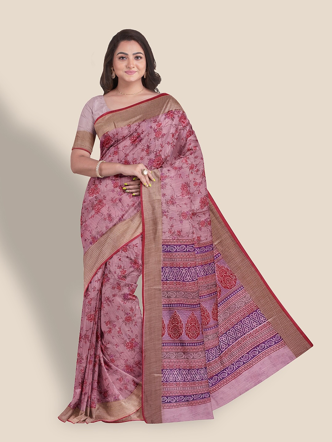 

The Chennai Silks Floral Printed Zari Pure Cotton Saree, Pink