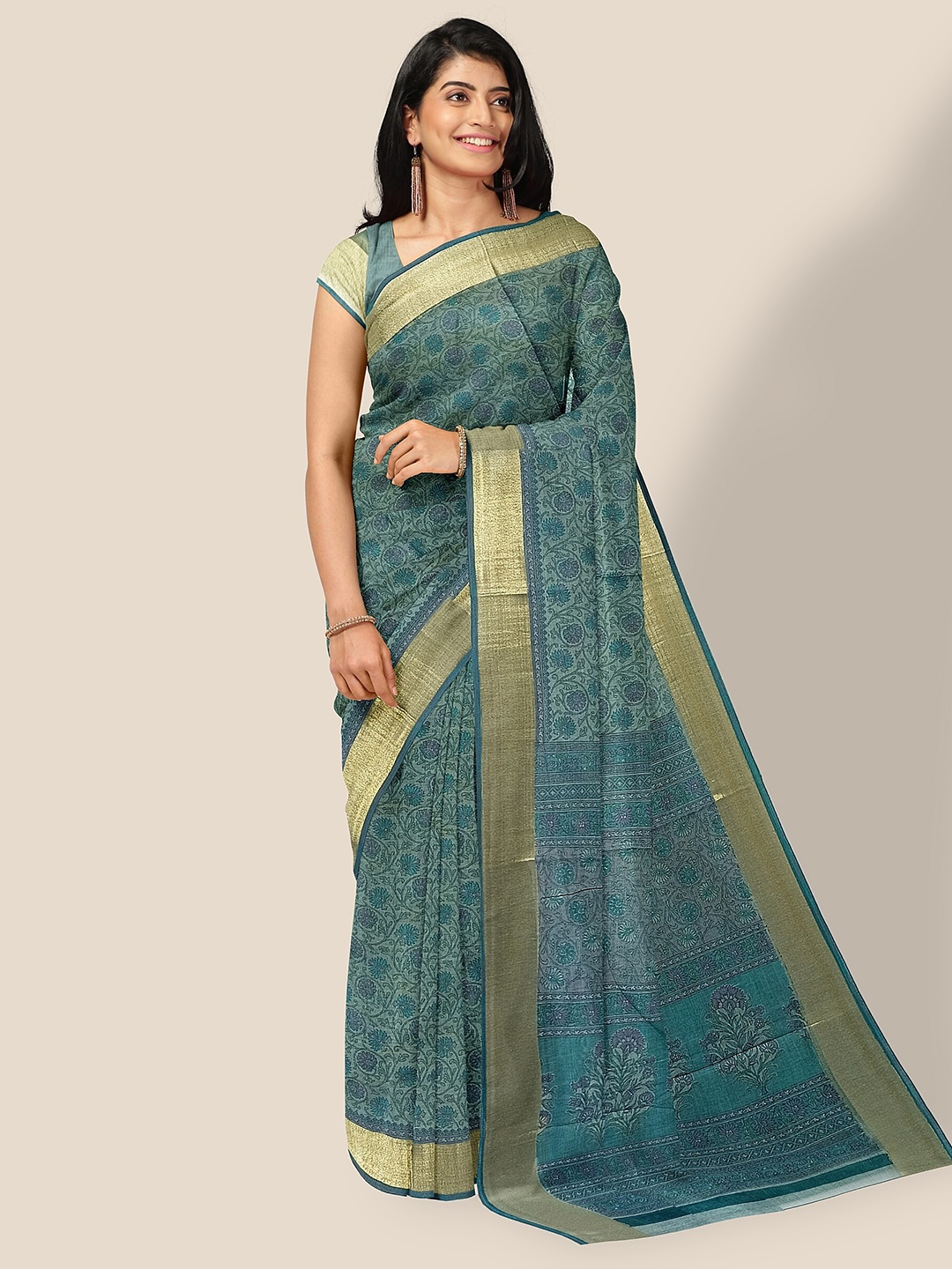 

The Chennai Silks Floral Printed Zari Pure Cotton Saree, Teal