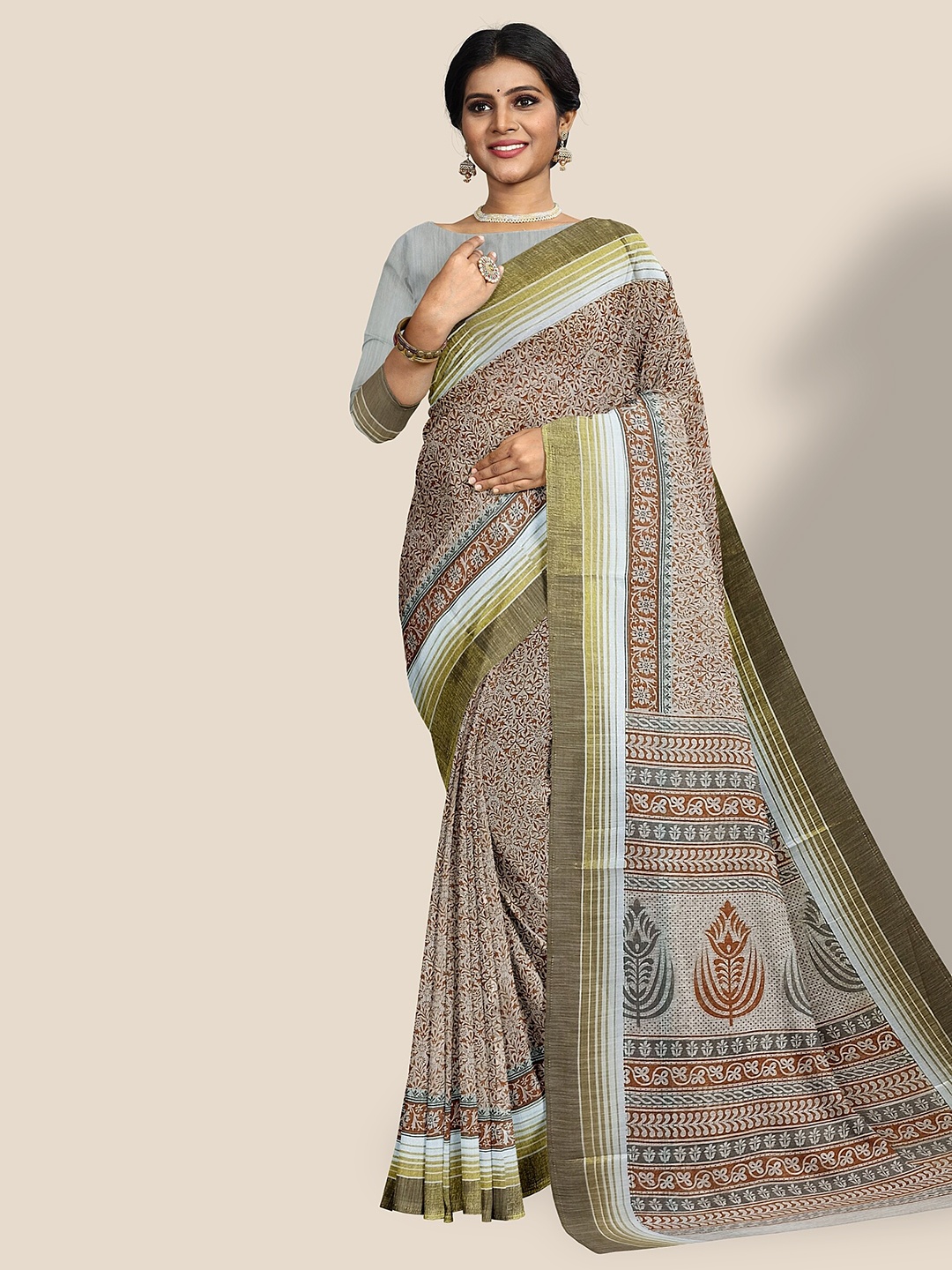 

The Chennai Silks Floral Printed Zari Pure Cotton Saree, Off white