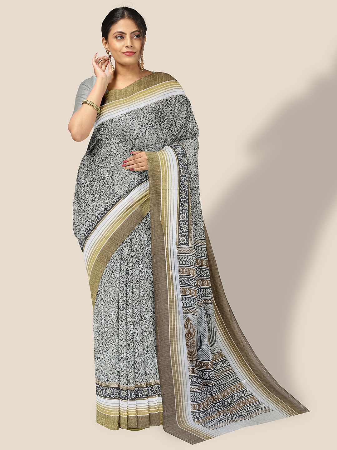

The Chennai Silks Ethnic Motif Printed Pure Cotton Saree, Off white
