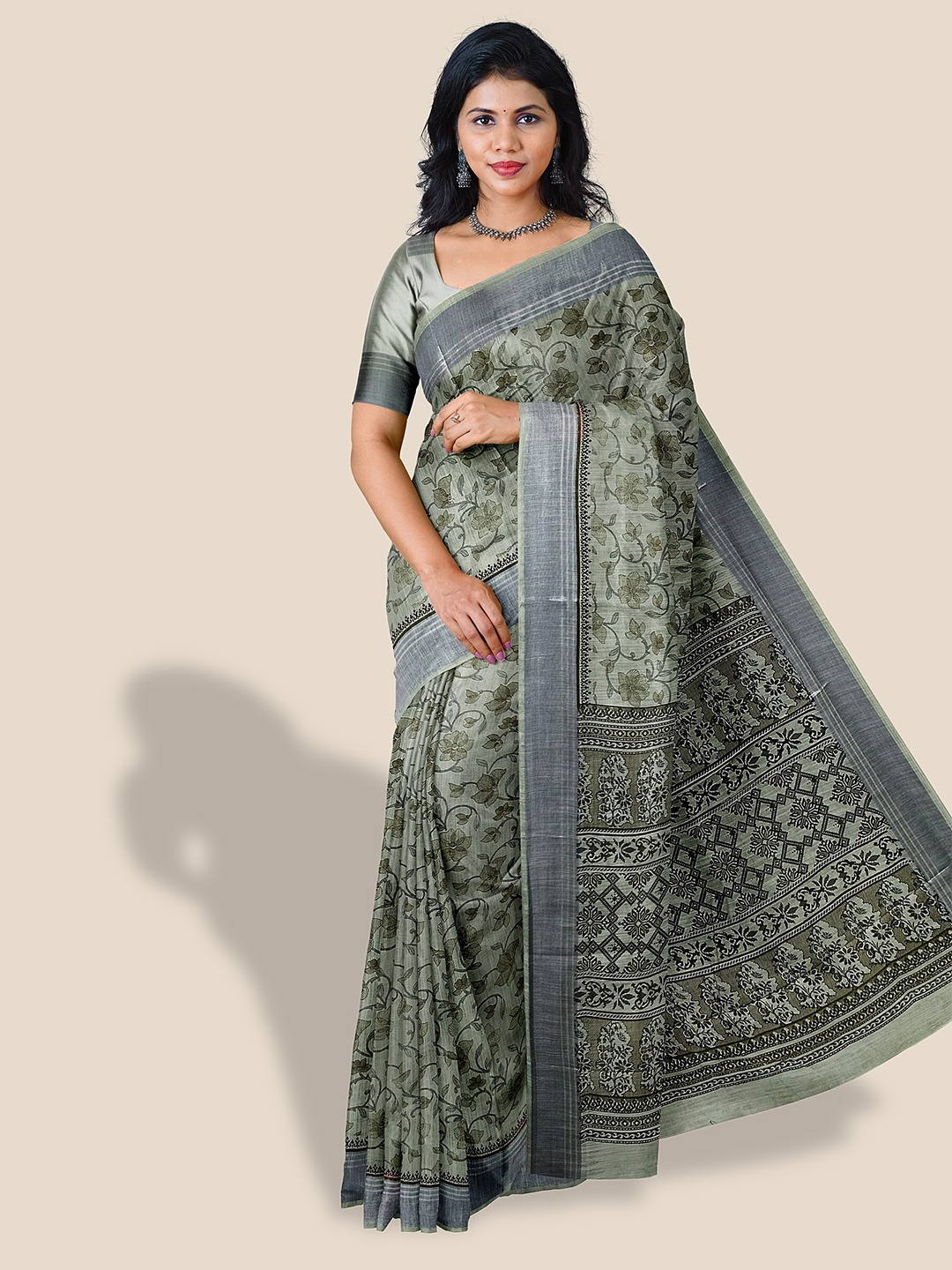 

The Chennai Silks Floral Printed Zari Pure Cotton Saree, Green