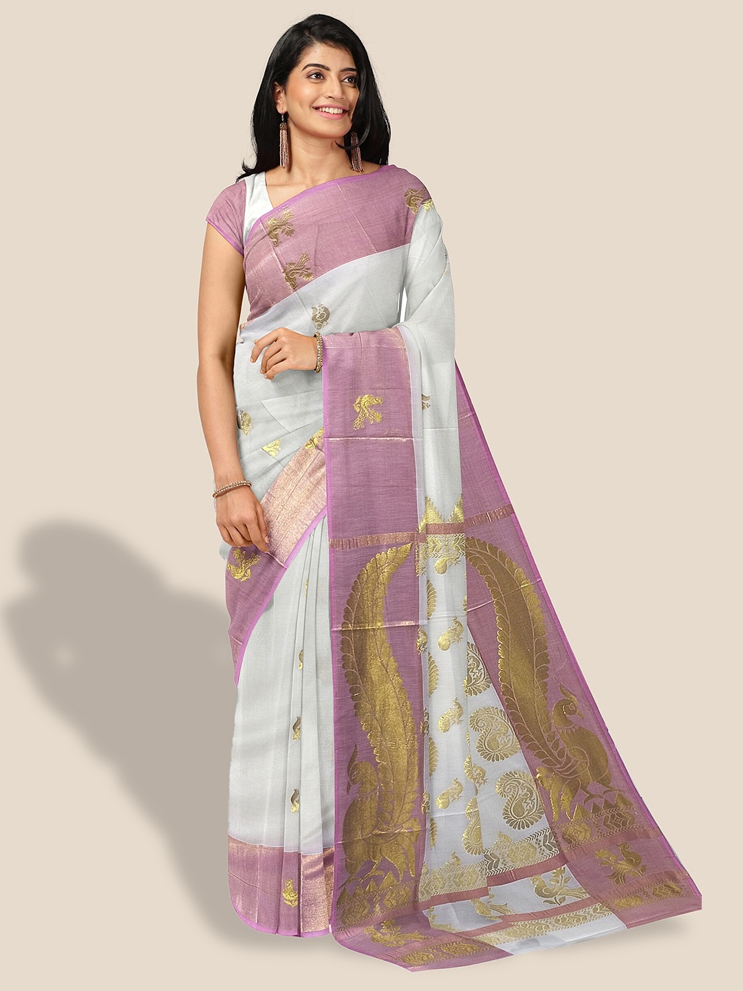 

The Chennai Silks Ethnic Motifs Zari Pure Cotton Kasavu Saree, Off white