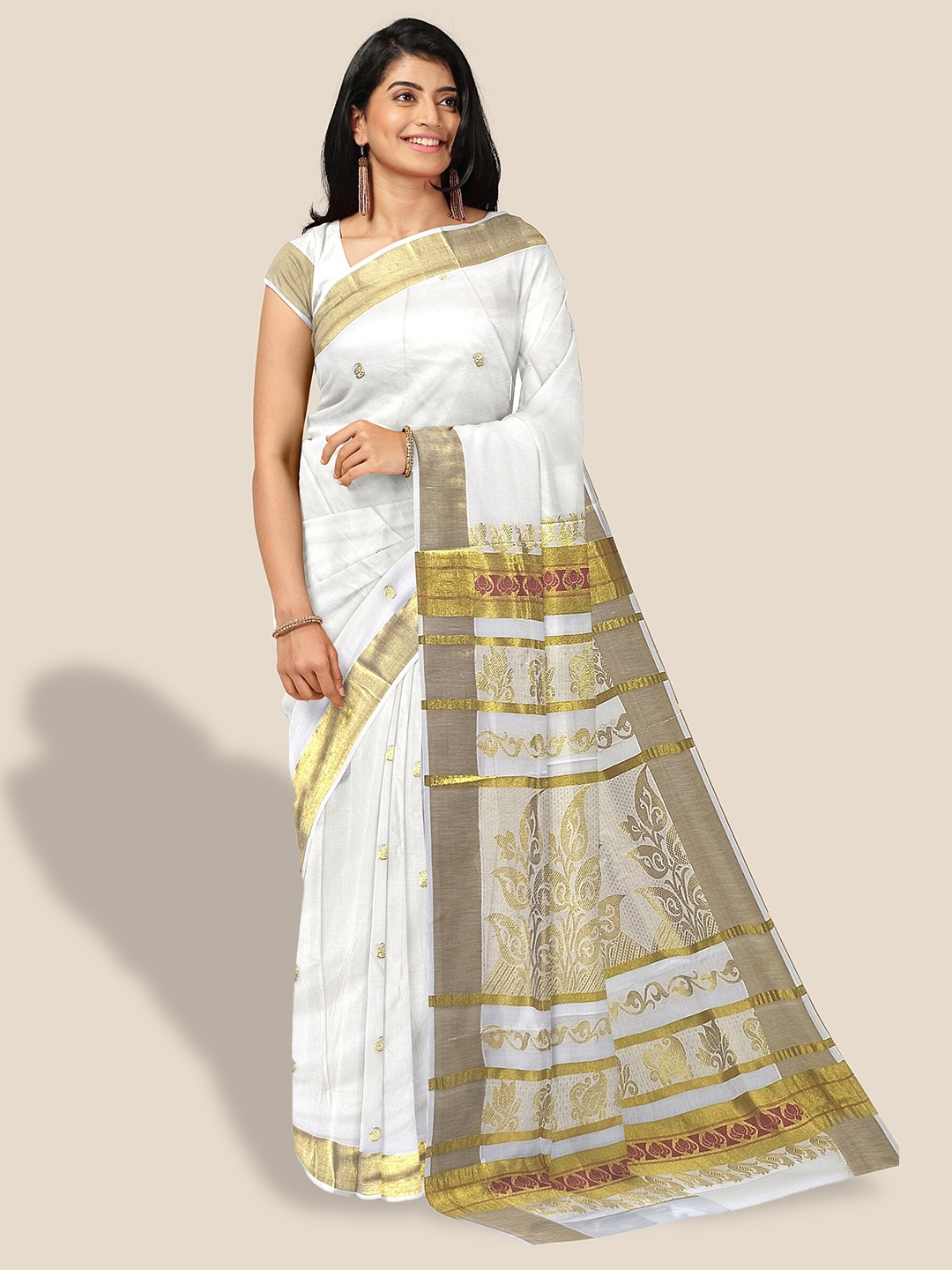 

The Chennai Silks Paisley Woven Design Zari Pure Cotton Kasavu Saree, Off white