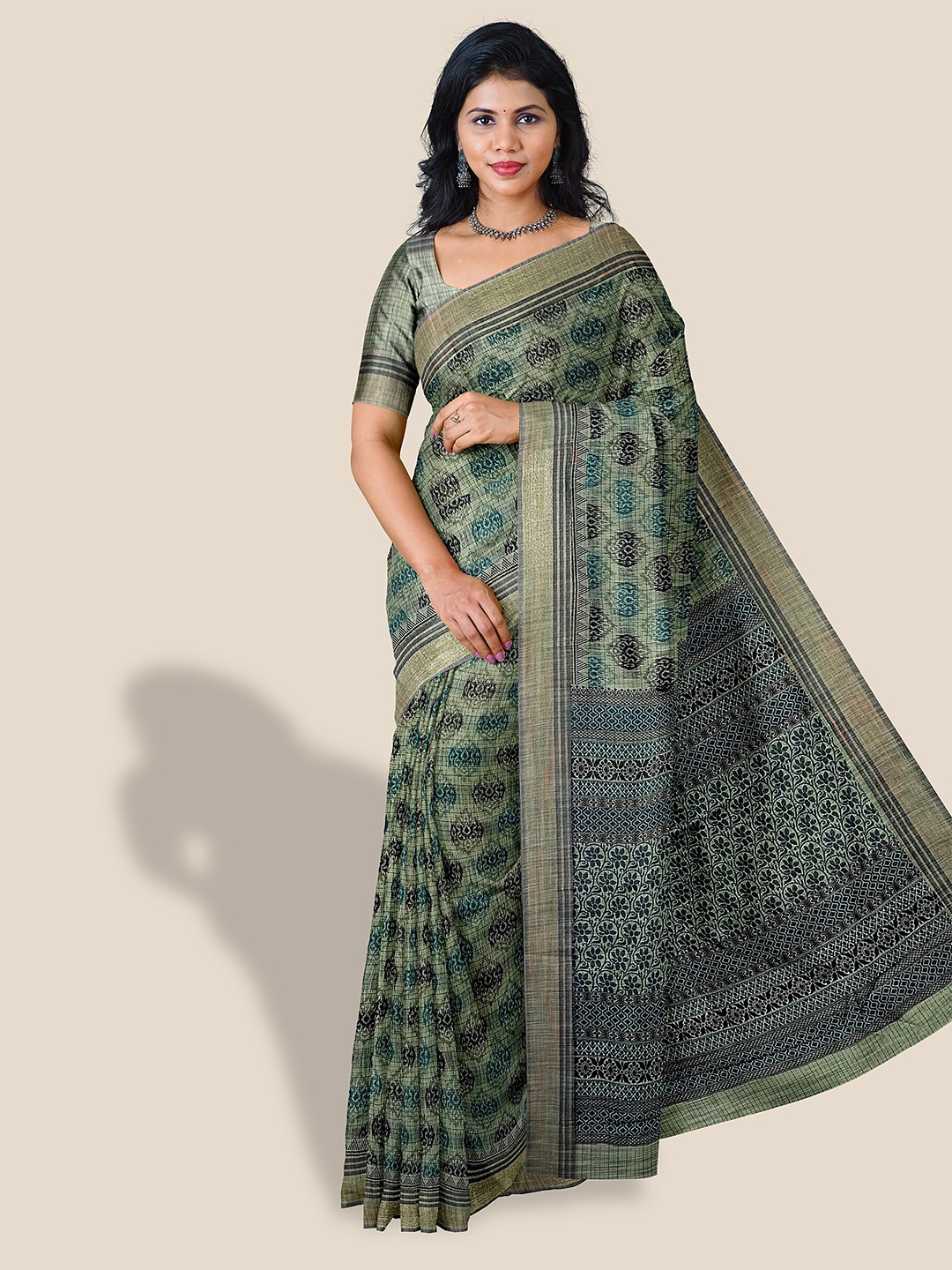 

The Chennai Silks Floral Printed Pure Cotton Saree, Green