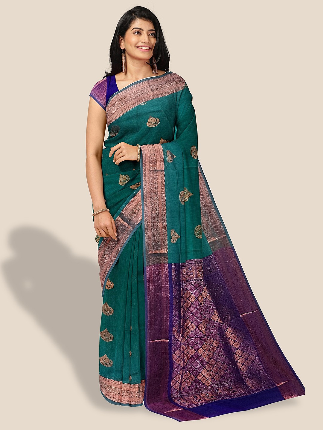 

The Chennai Silks Ethnic Motif Woven Design Zari Silk Cotton Maheshwari Saree, Green