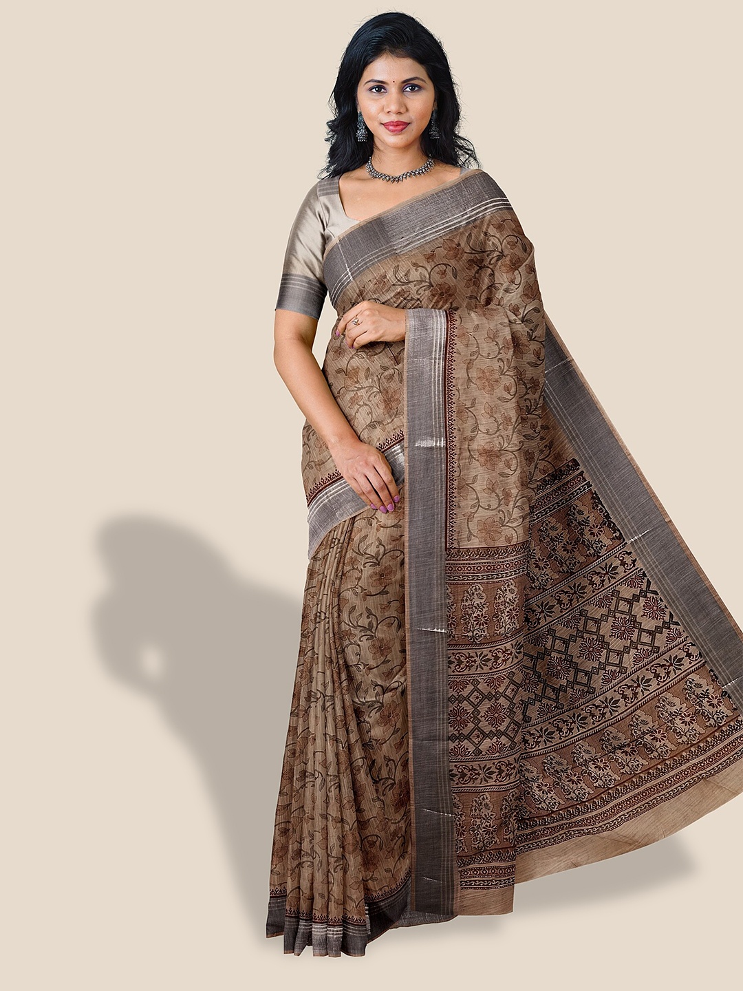

The Chennai Silks Floral Printed Zari Pure Cotton Saree, Brown