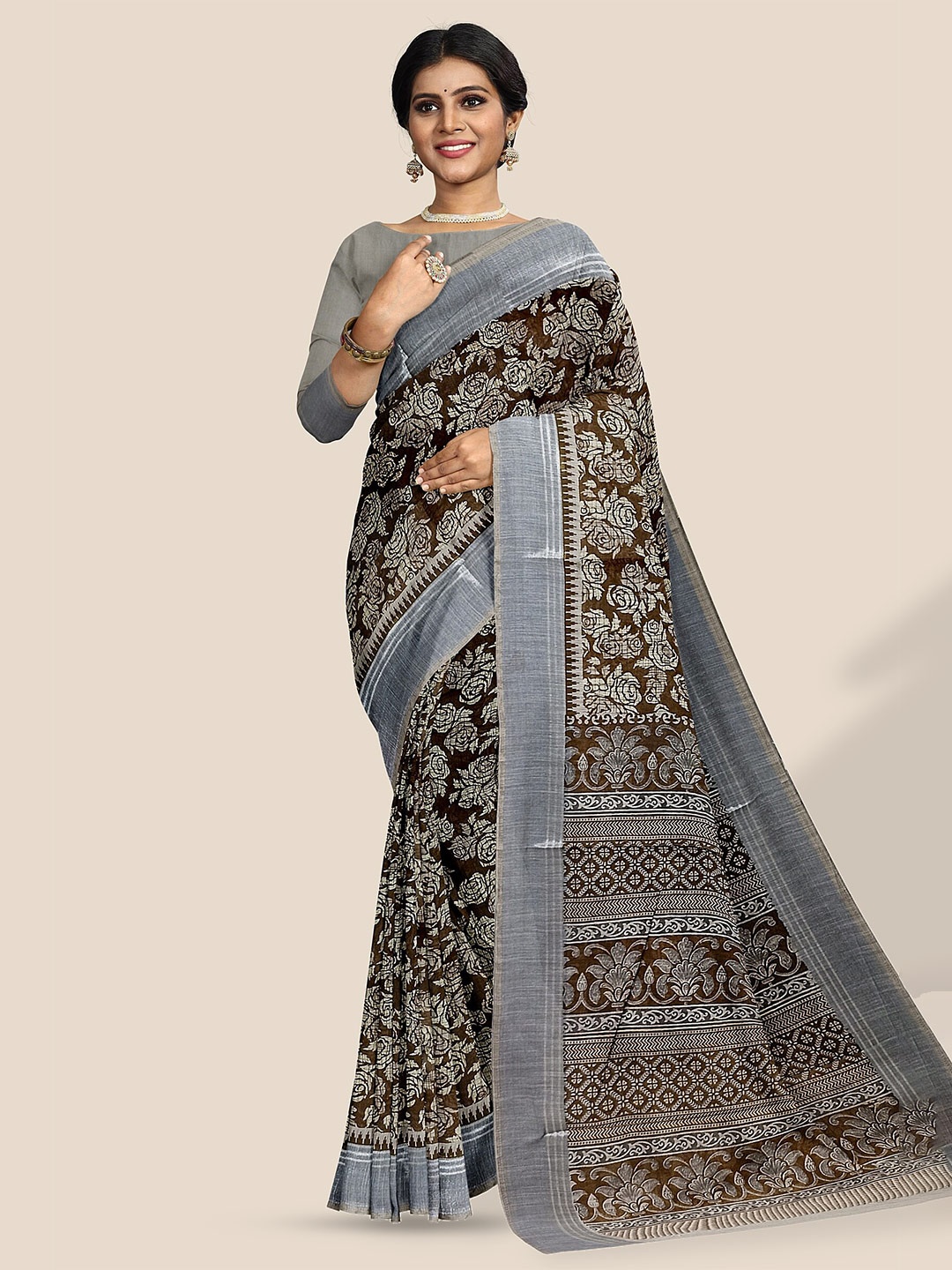 

The Chennai Silks Floral Motif Printed Zari Pure Cotton Saree, Brown