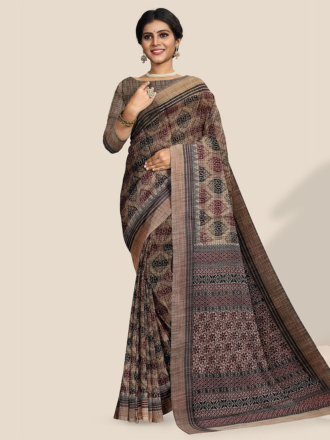 

The Chennai Silks Ethnic Motifs Printed Pure Cotton Saree, Brown