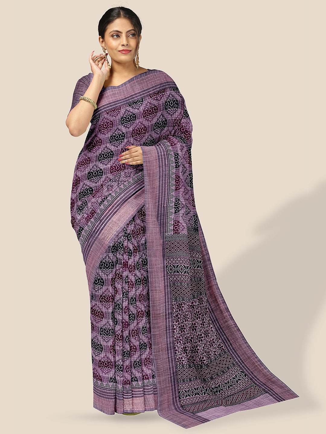 

The Chennai Silks Ethnic Motif Printed Zari Pure Cotton Saree, Purple
