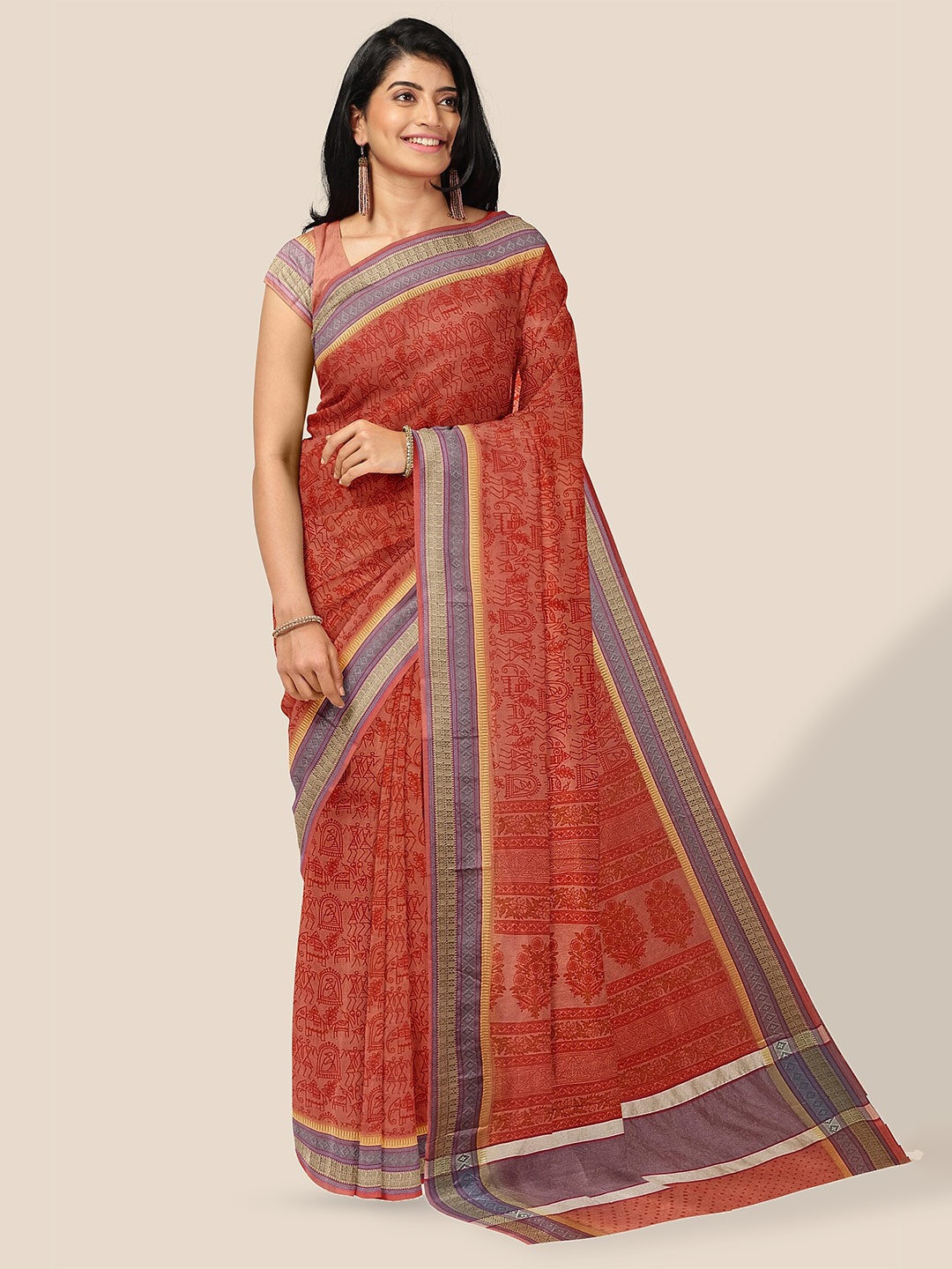 

The Chennai Silks Warli Printed Supernet Kota Saree, Coral