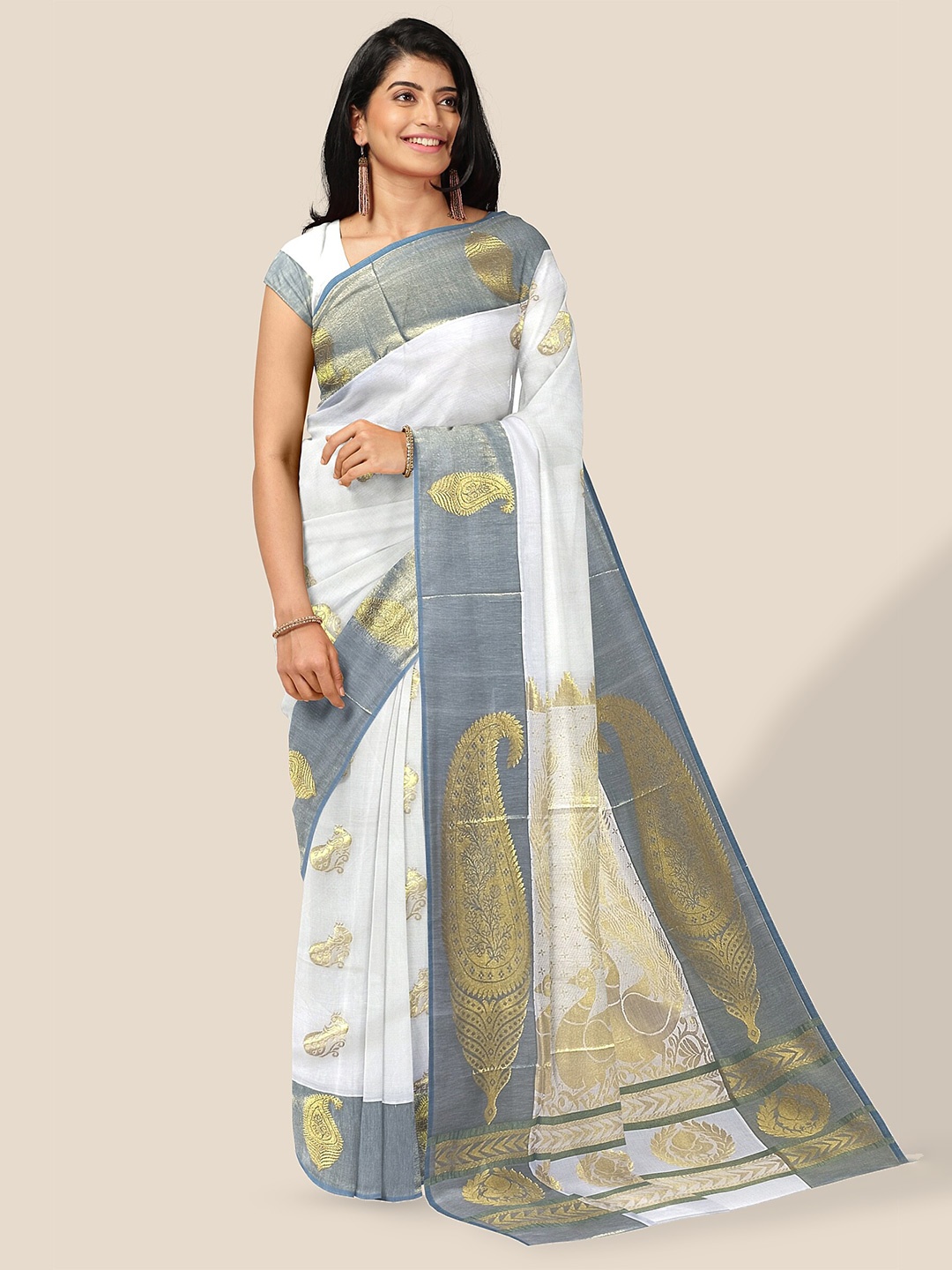 

The Chennai Silks Ethnic Motifs Woven Design Zari Pure Cotton Kasavu Saree, Off white