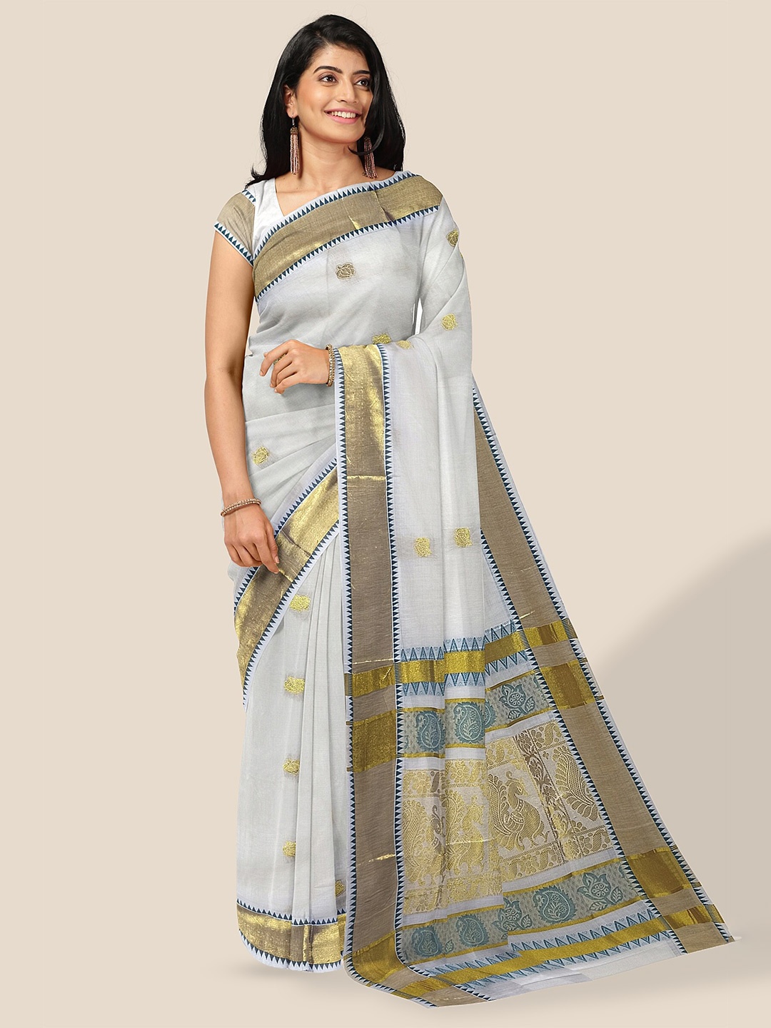 

The Chennai Silks Floral Woven Design Zari Pure Cotton Kasavu Saree, Off white