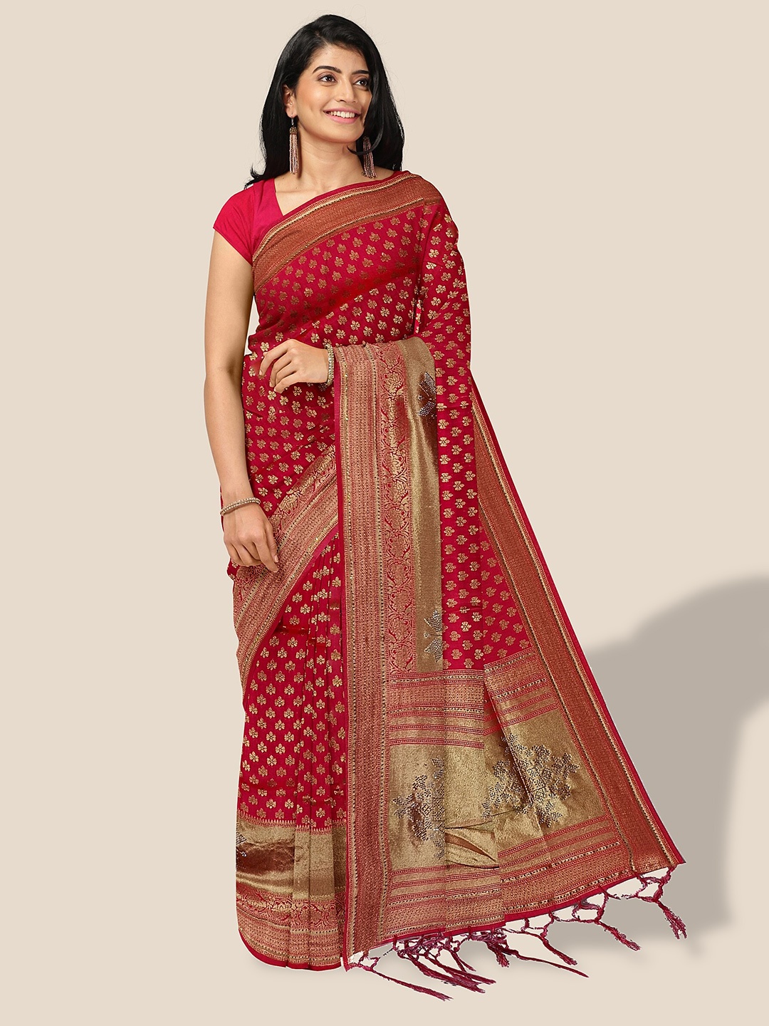 

The Chennai Silks Ethnic Motifs Printed Beads and Stones Saree, Red