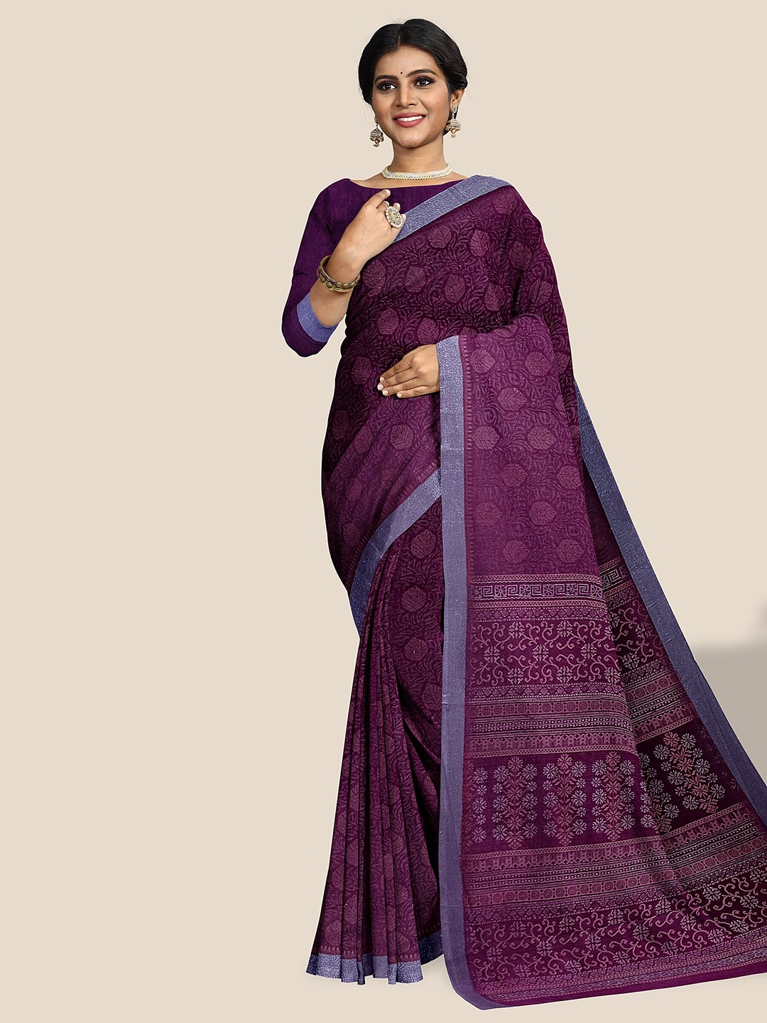 

The Chennai Silks Ethnic Motif Printed Zari Pure Cotton Saree, Violet