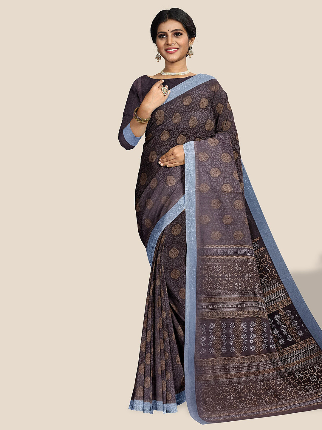 

The Chennai Silks Ethnic Motif Printed Pure Cotton Saree, Brown