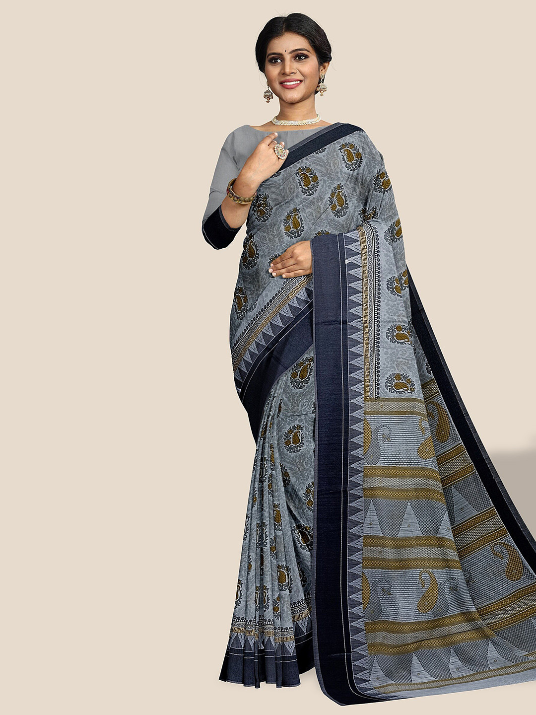 

The Chennai Silks Paisley Pure Cotton Saree, Grey