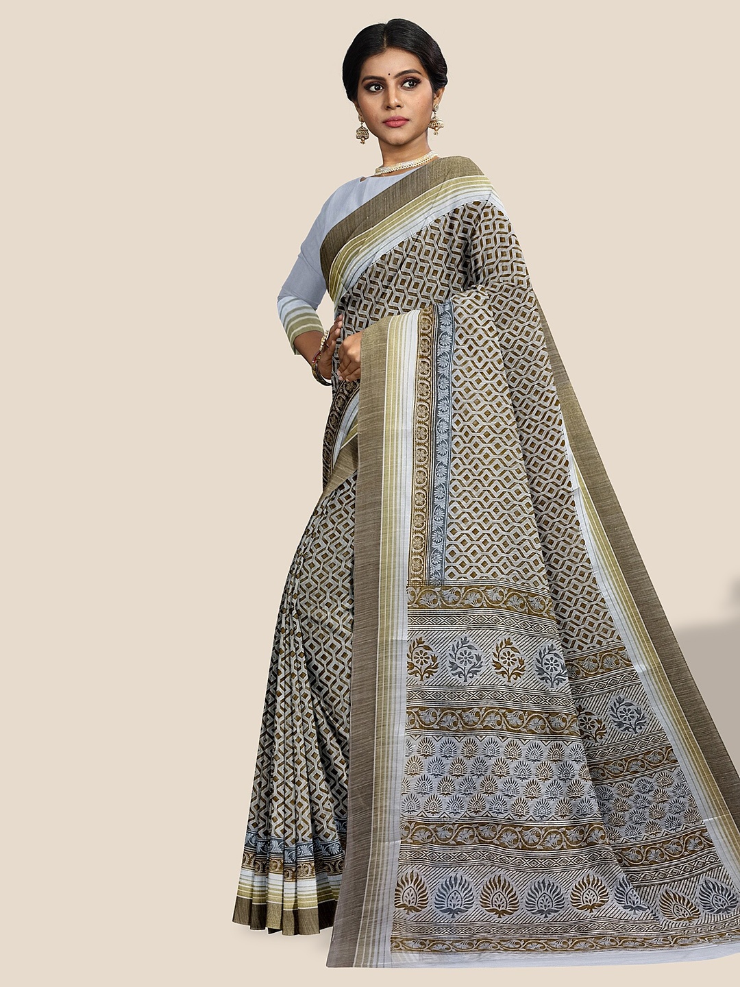 

The Chennai Silks Geometric Printed Pure Cotton Saree, Off white