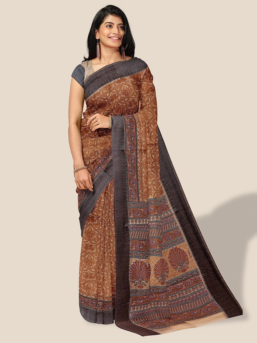 

The Chennai Silks Floral Printed Pure Cotton Saree, Peach