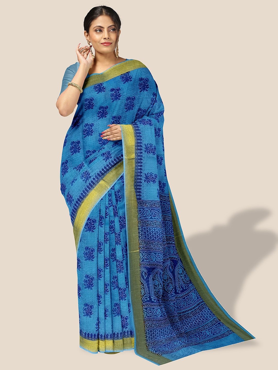 

The Chennai Silks Floral Printed Zari Pure Cotton Saree, Blue