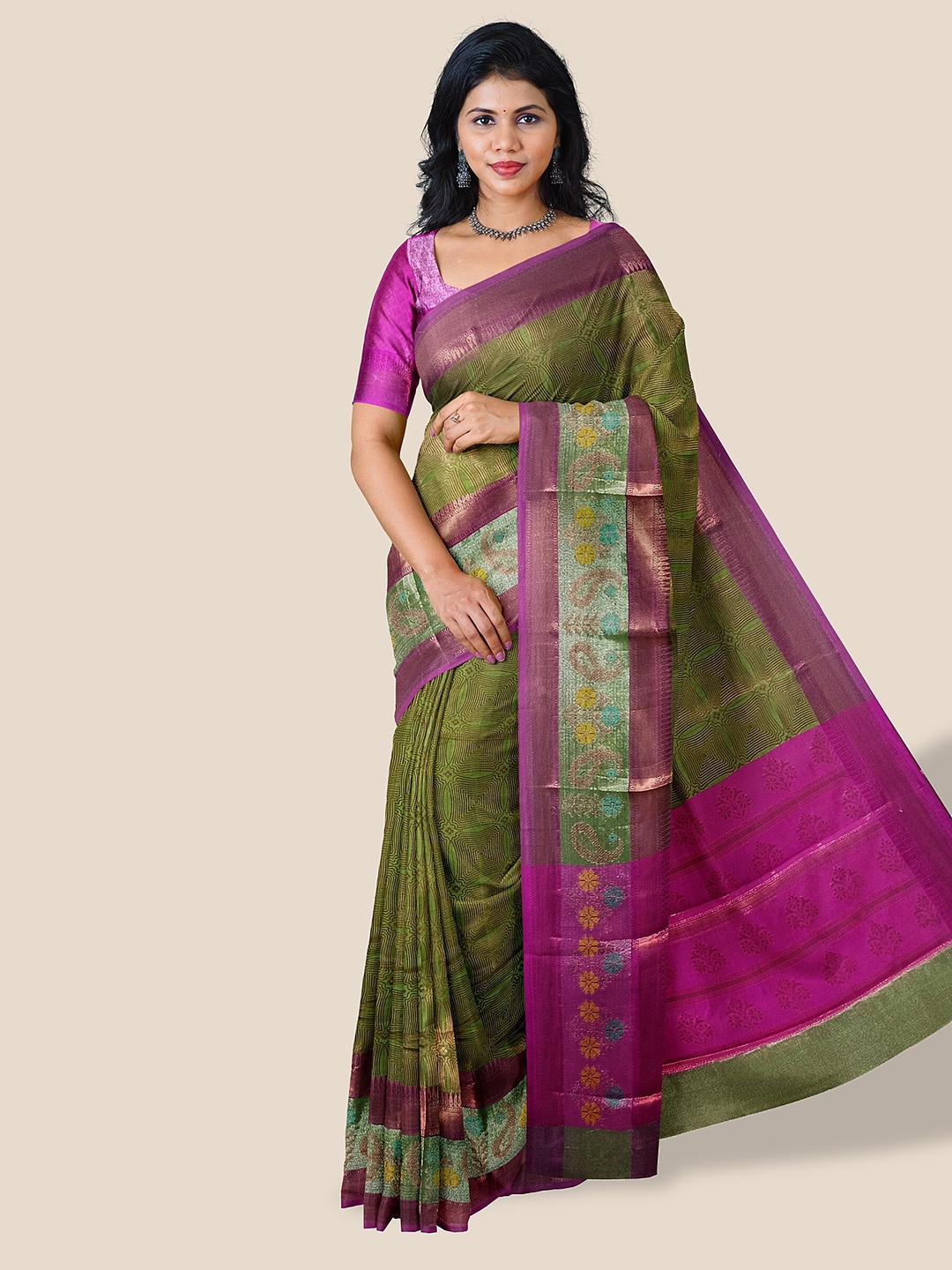 

The Chennai Silks Geometric Woven Design Zari Banarasi Saree, Green