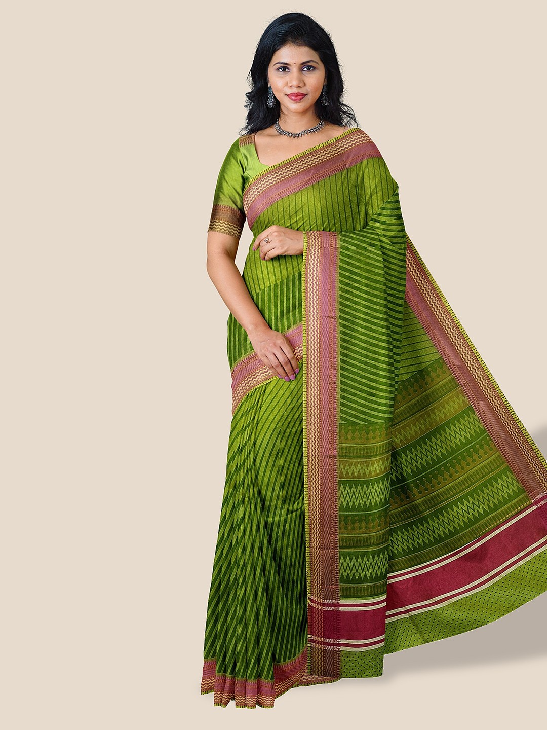

The Chennai Silks Striped Supernet Kota Saree, Green