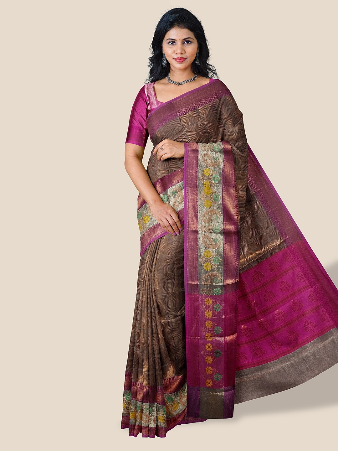 

The Chennai Silks Geometric Woven Design Zari Banarasi Saree, Brown