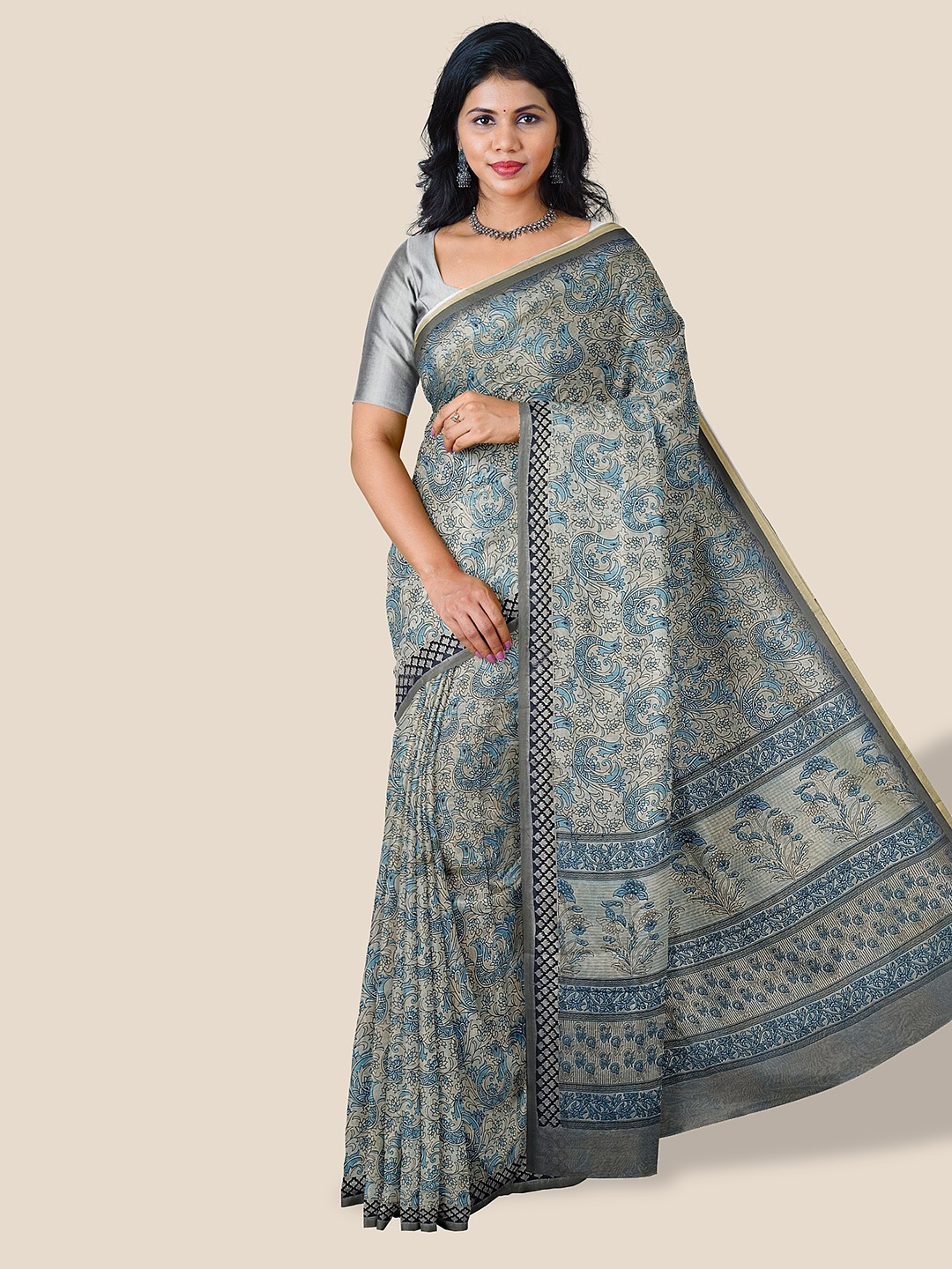 

The Chennai Silks Kalamkari Printed Pure Cotton Chanderi Saree, Beige
