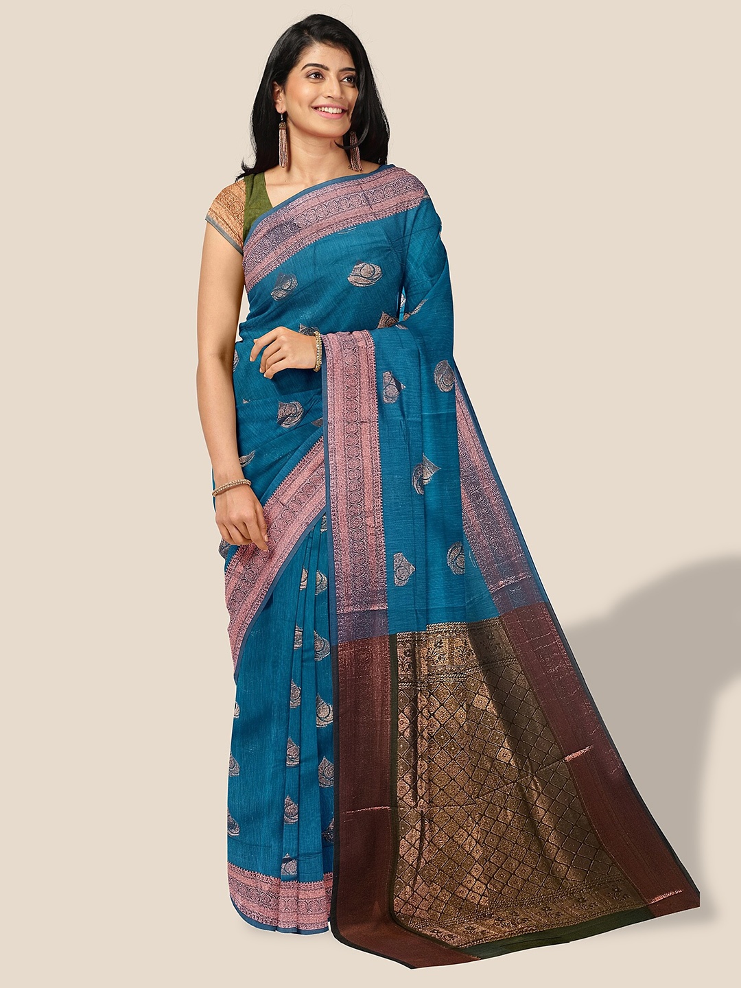 

The Chennai Silks Woven Design Zari Silk Cotton Maheshwari Saree, Blue